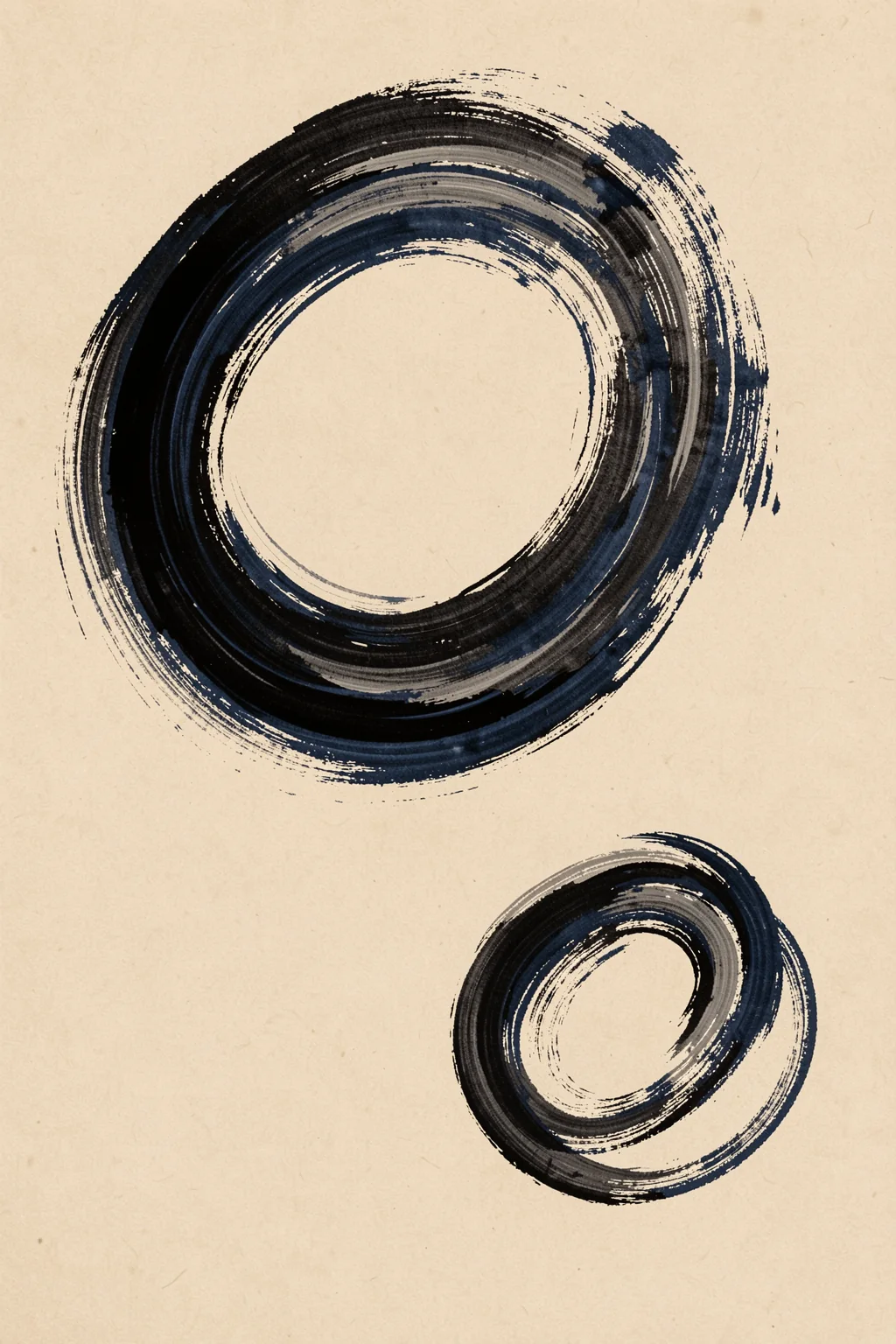 Echoes of Indigo. Two rough circular brush rings, one large and one small, are painted in black and indigo on beige.