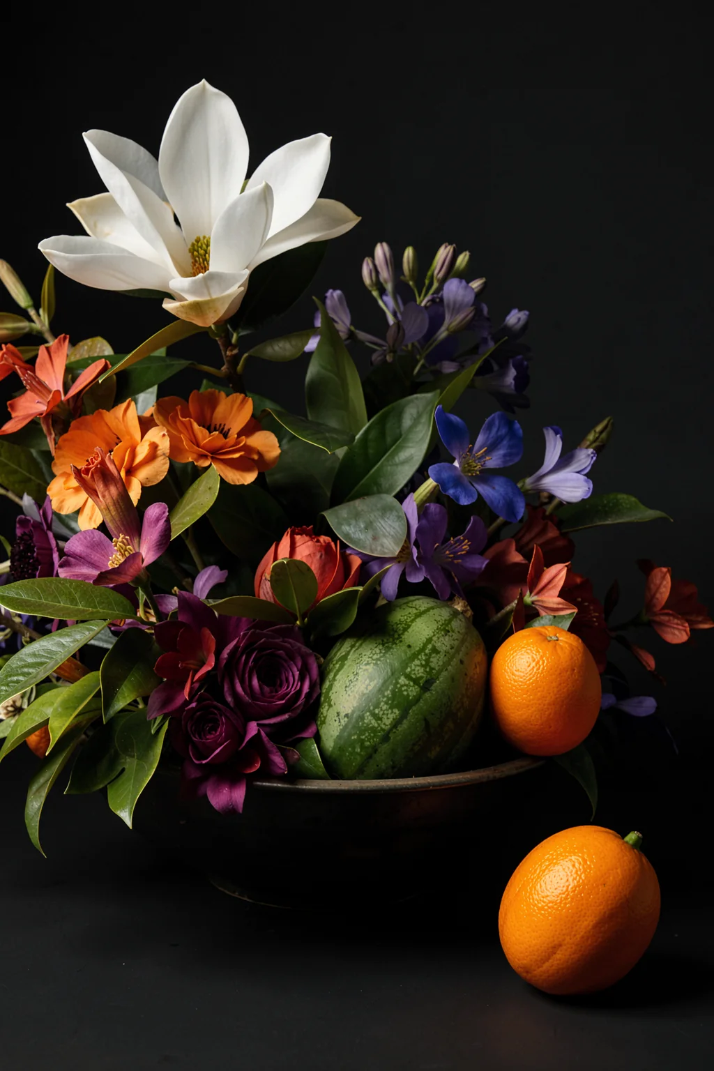 A Vase With Flowers. Colorful flowers and orange fruit fill a dark bowl in a still life against a black background.