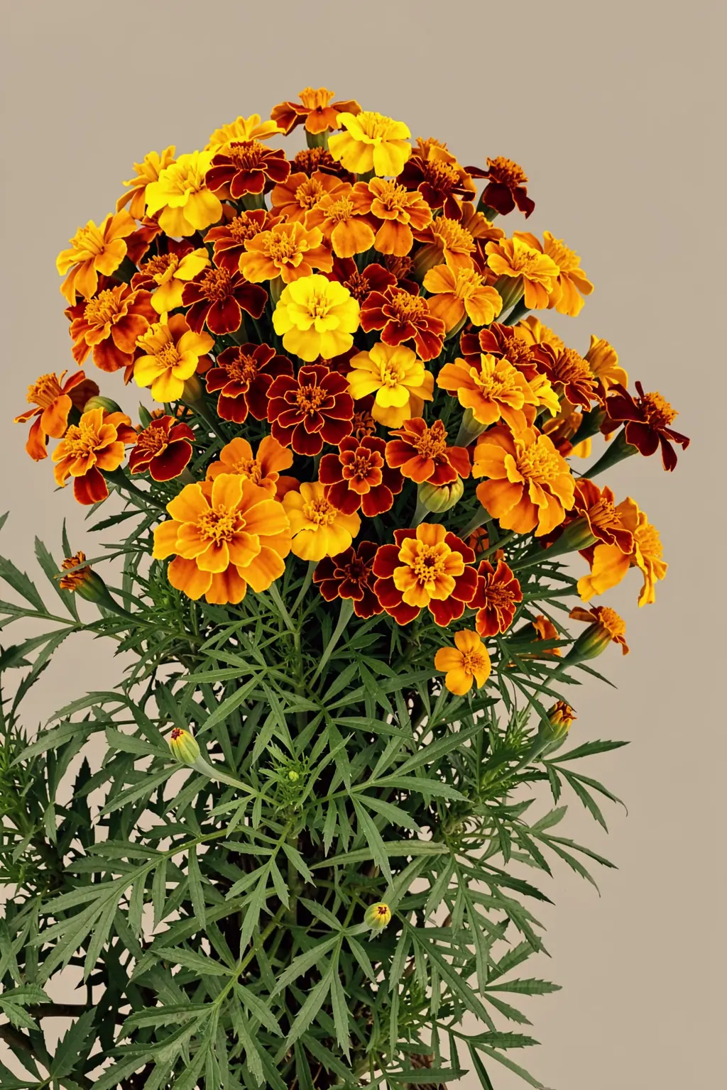 Marigolds. A dense cluster of yellow, orange, and burgundy marigolds rises among green leaves against a warm beige backdrop.