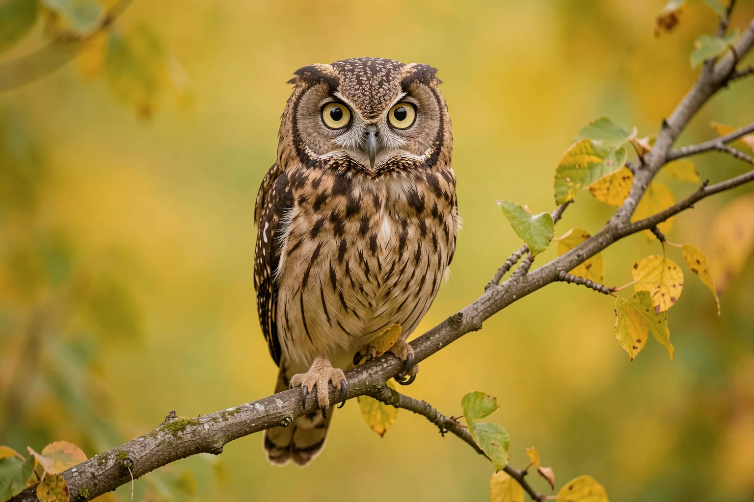 Wise Little Owl. A close view of an owl perched on a branch, framed by golden yellow-green foliage.