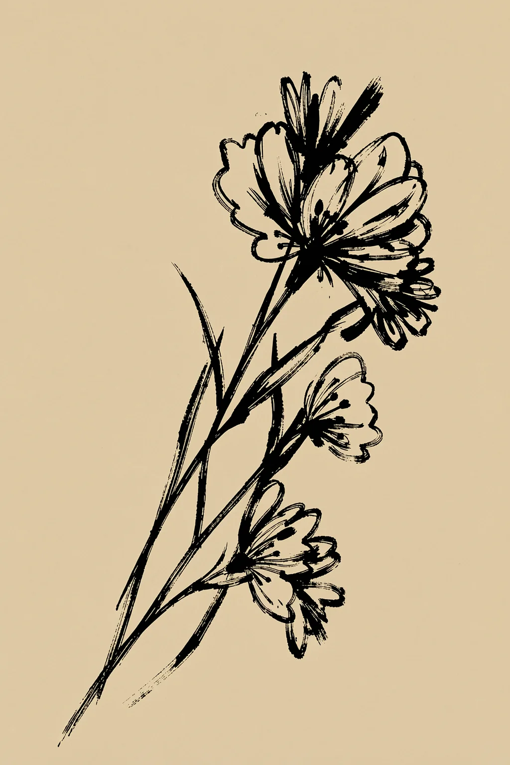 Botanical Silhouettes. Three flowers are outlined in loose black brush-like strokes on a textured tan background.