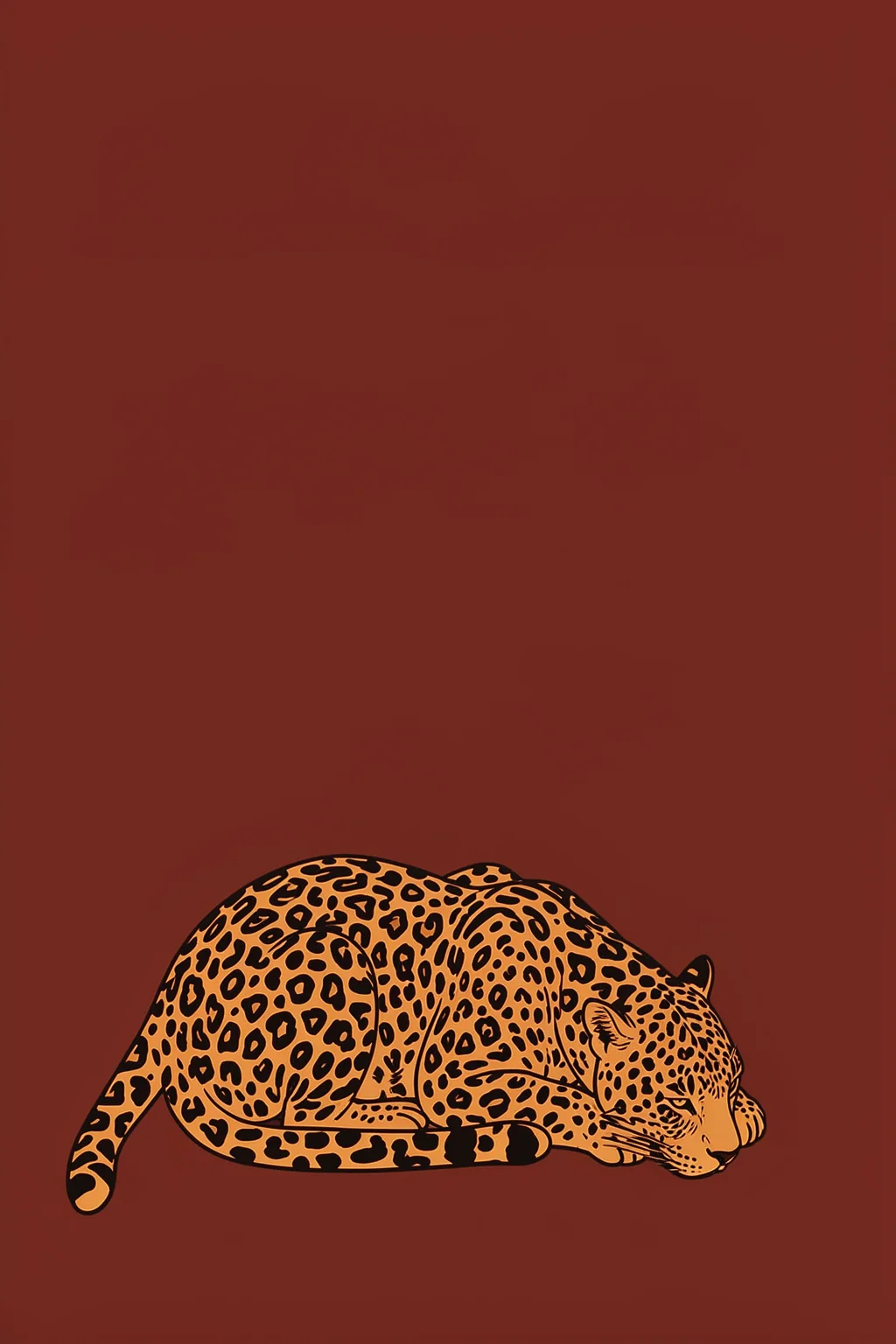 Peaceful Leopard Slumber. An orange-and-black spotted leopard rests curled on a deep reddish-brown background.