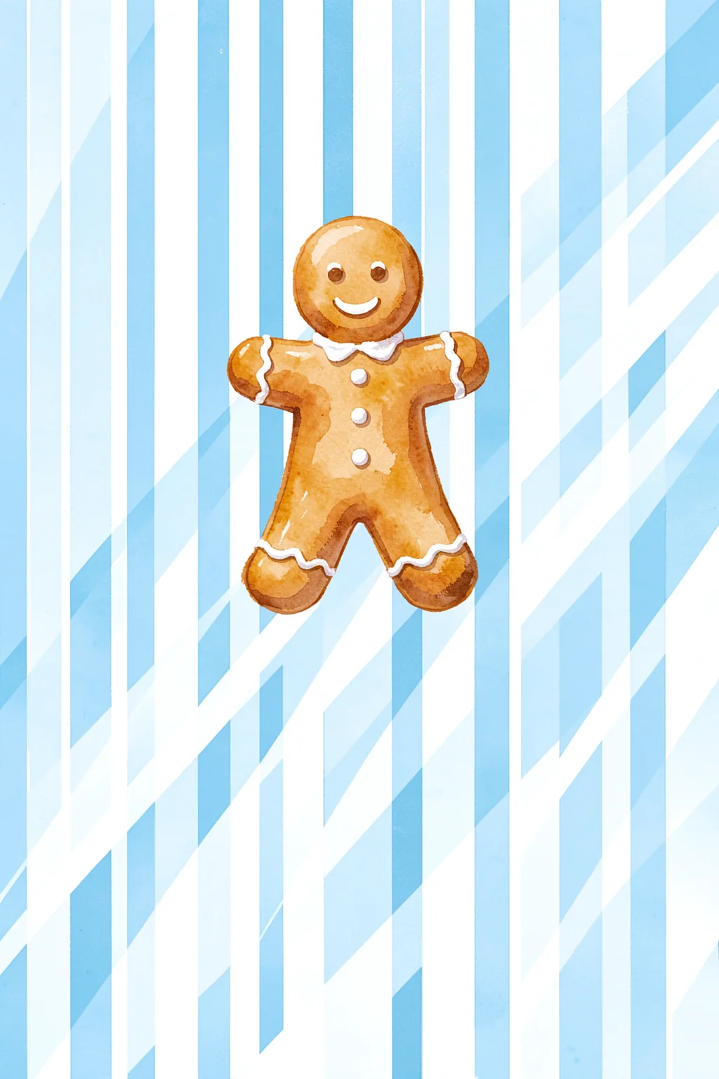 Striped Gingerbread Man. A smiling gingerbread figure with white icing details stands against pale blue-and-white vertical stripes.