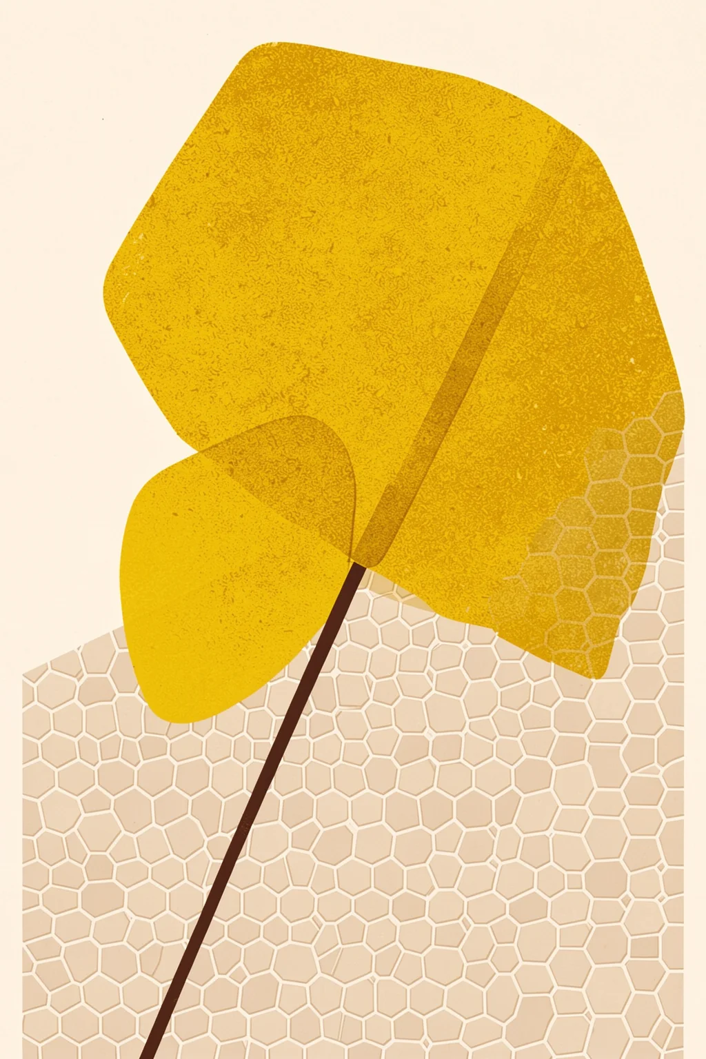 Abstract Yellow Shimmer. A large textured golden-yellow abstract form rises over a pale honeycomb pattern.
