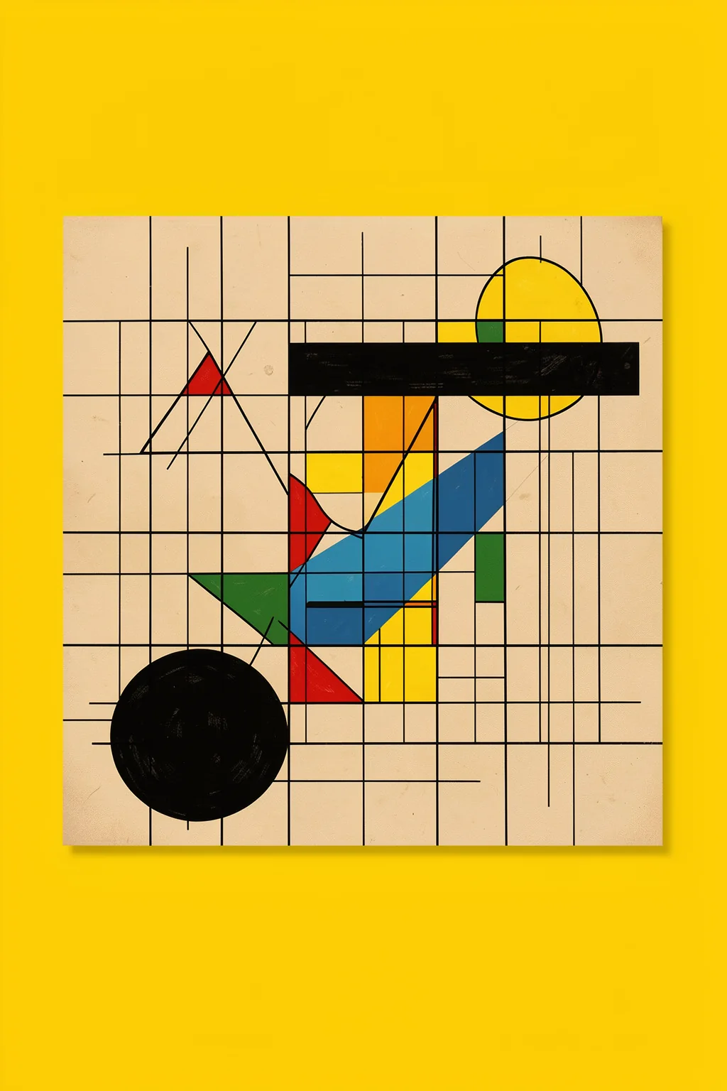 Colorful Geometric Shapes. A grid of thin black lines crosses colorful geometric shapes on a bright yellow field.