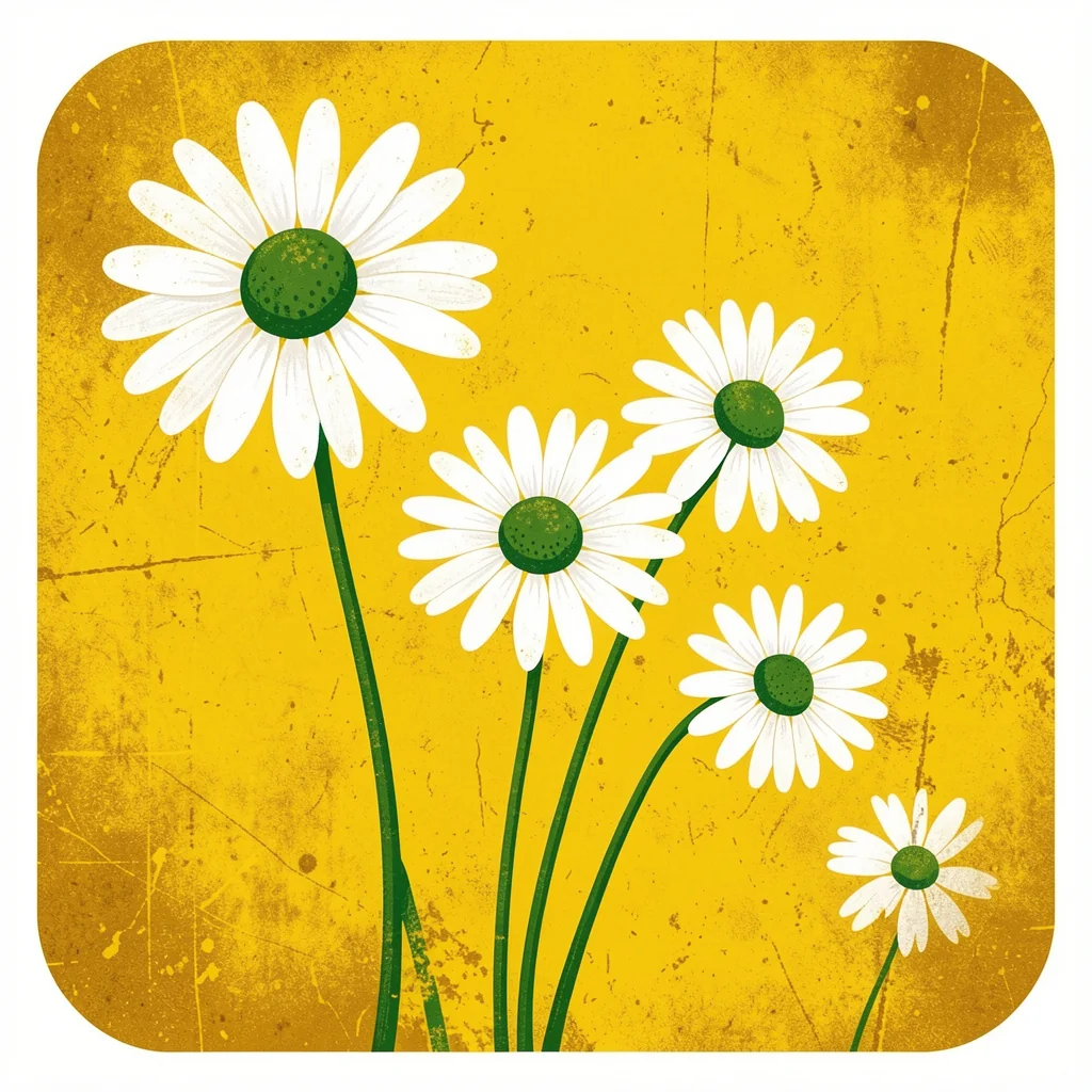 Daisy Bouquet 2. Five white daisies on slender green stems rise against a distressed golden-yellow ground.