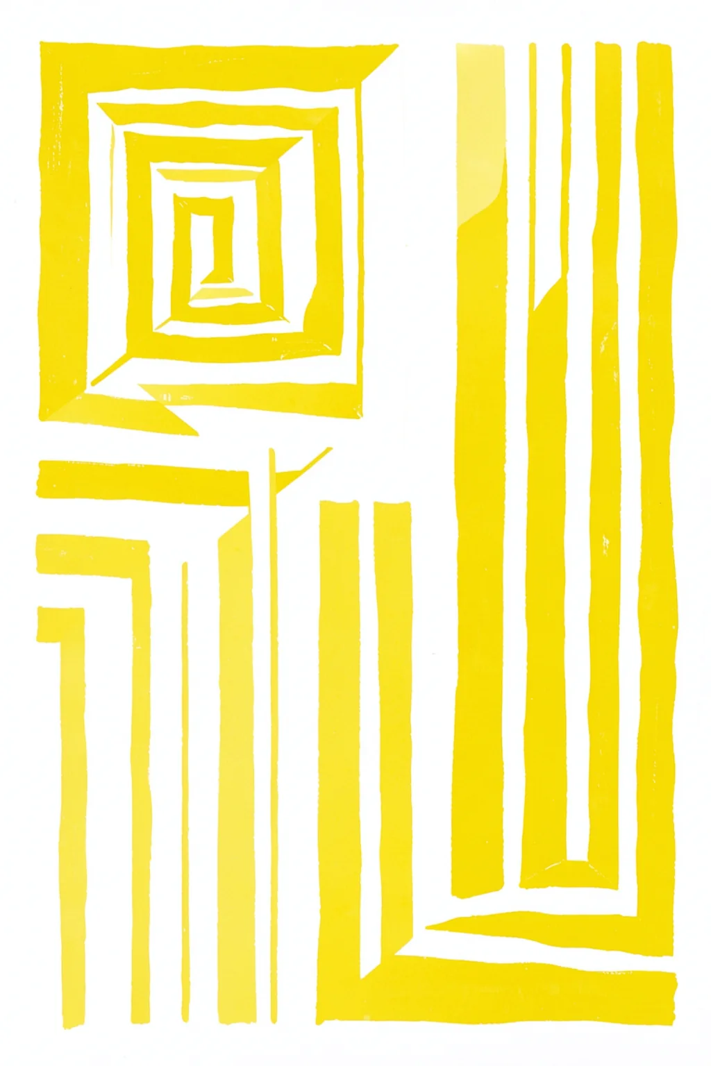 Dynamic Yellow Stripes. Loose-edged yellow bars and nested angular lines form an irregular stripe composition on white.