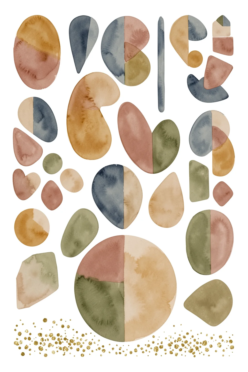 Abstract Watercolor Pattern. Muted watercolor shapes in ochre, rose, olive, and blue are scattered above a row of gold-colored speckles.