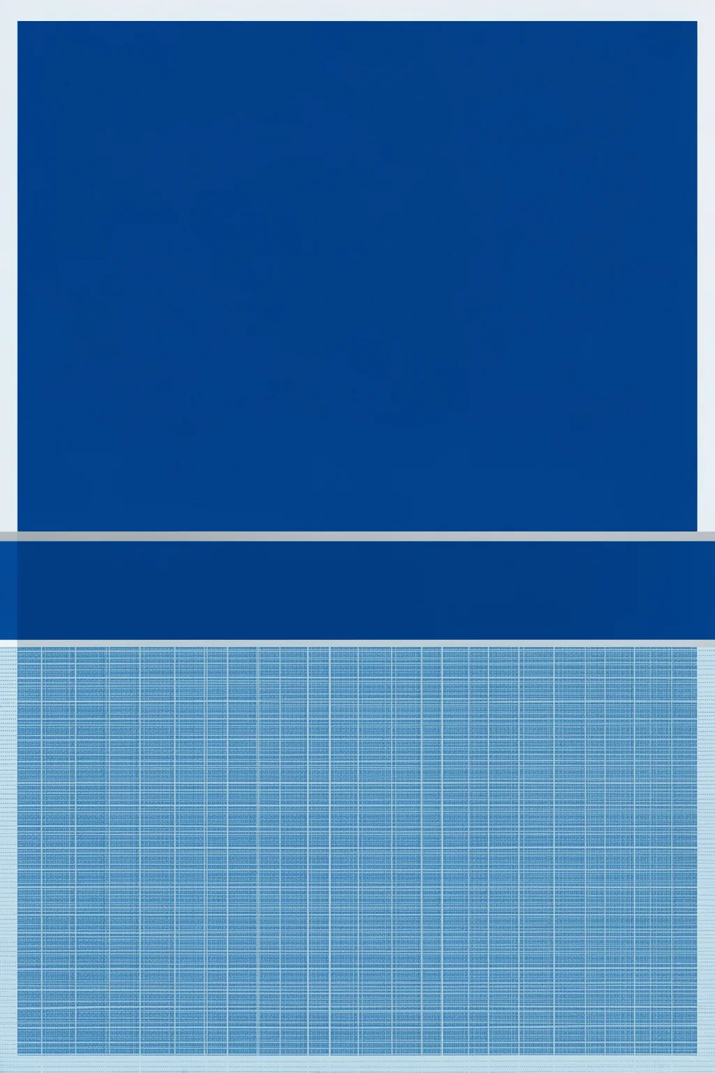 Blue Geometric Abstract. A large cobalt-blue rectangle sits above layered blue bands and a fine pale grid-like texture.