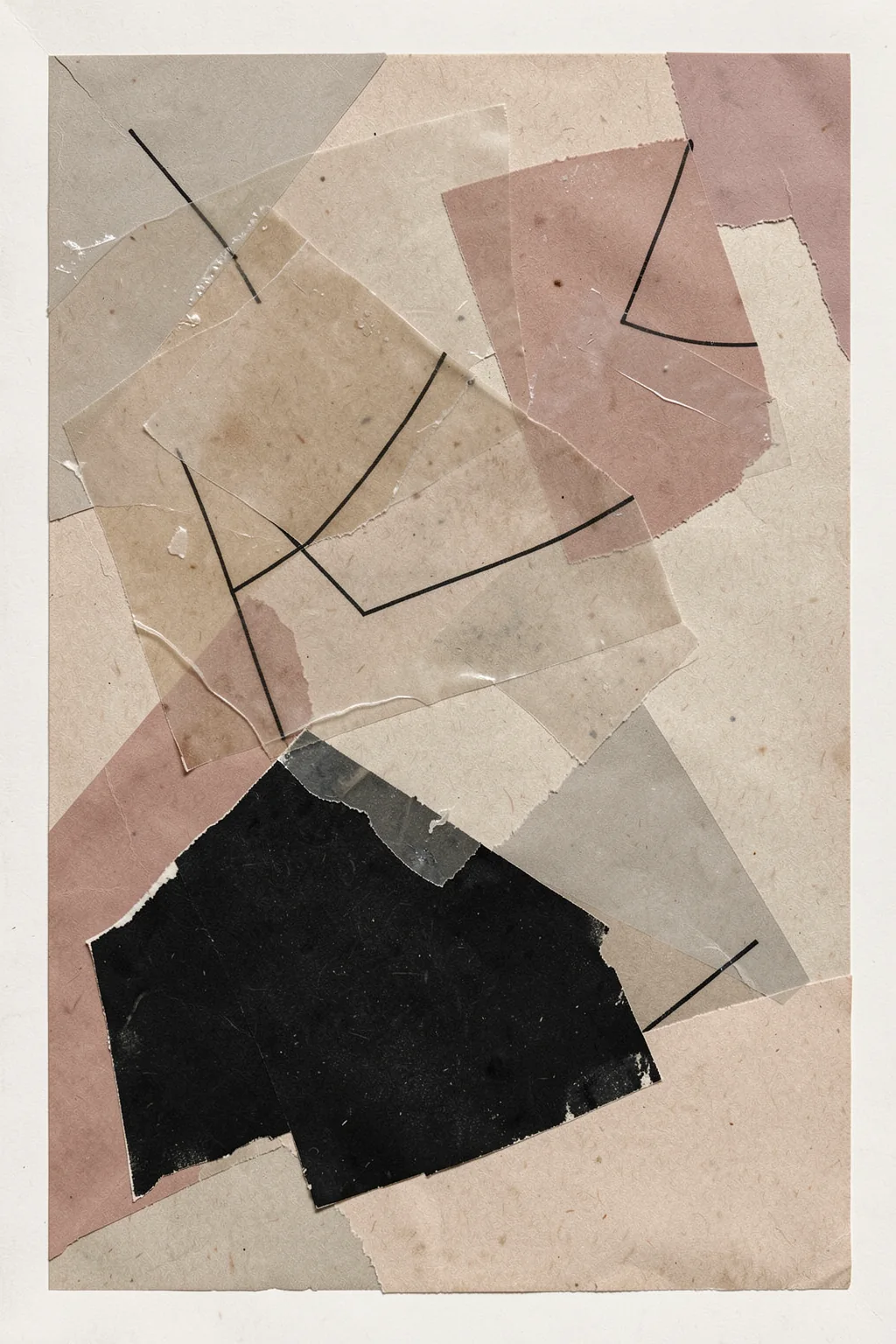 Blush Geometric Collage. Layered torn-paper shapes in blush, beige, gray, and black are crossed by thin curved lines.