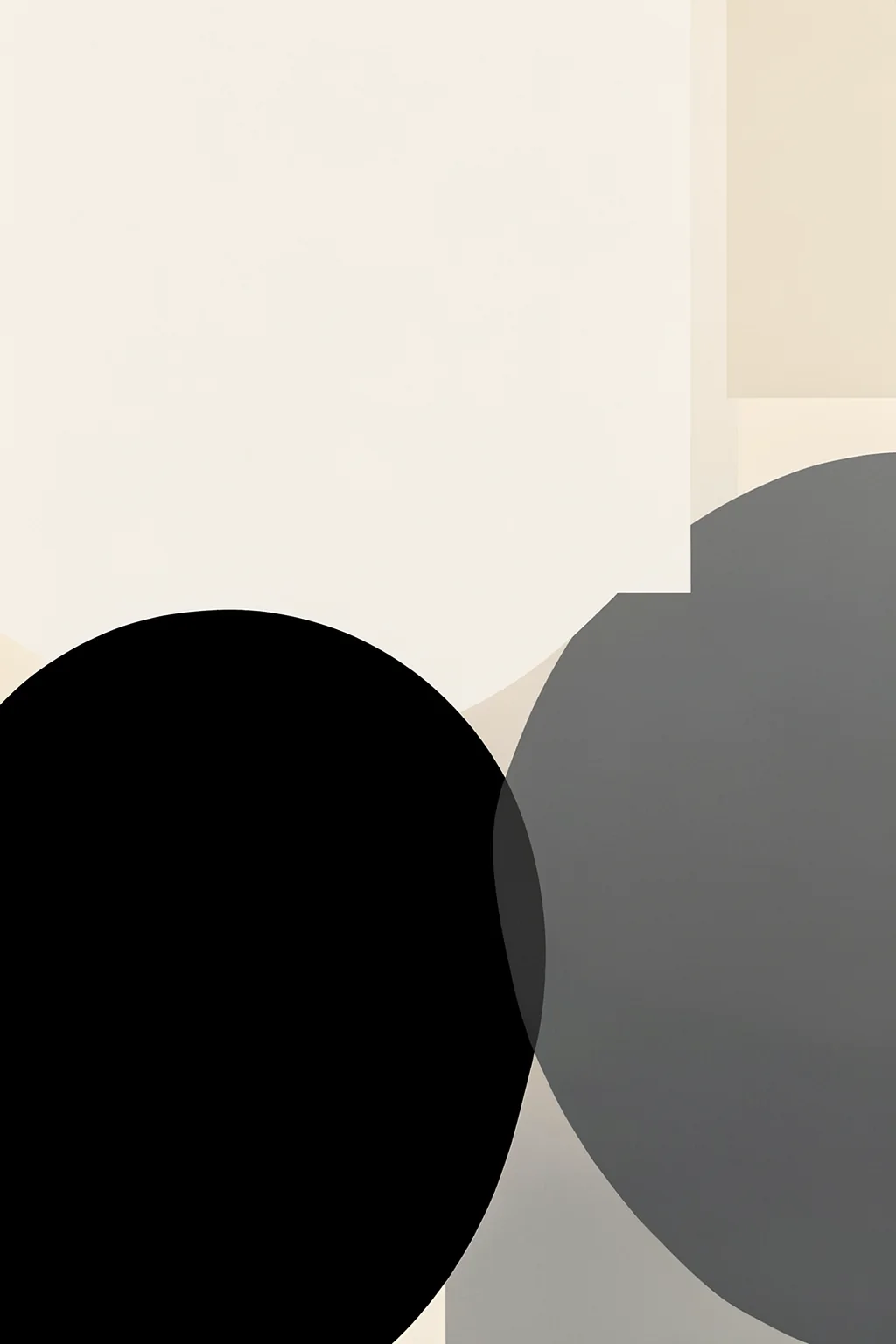 Contemporary Neutral Forms. Large overlapping black and gray circular forms fill the lower half of a pale neutral composition.