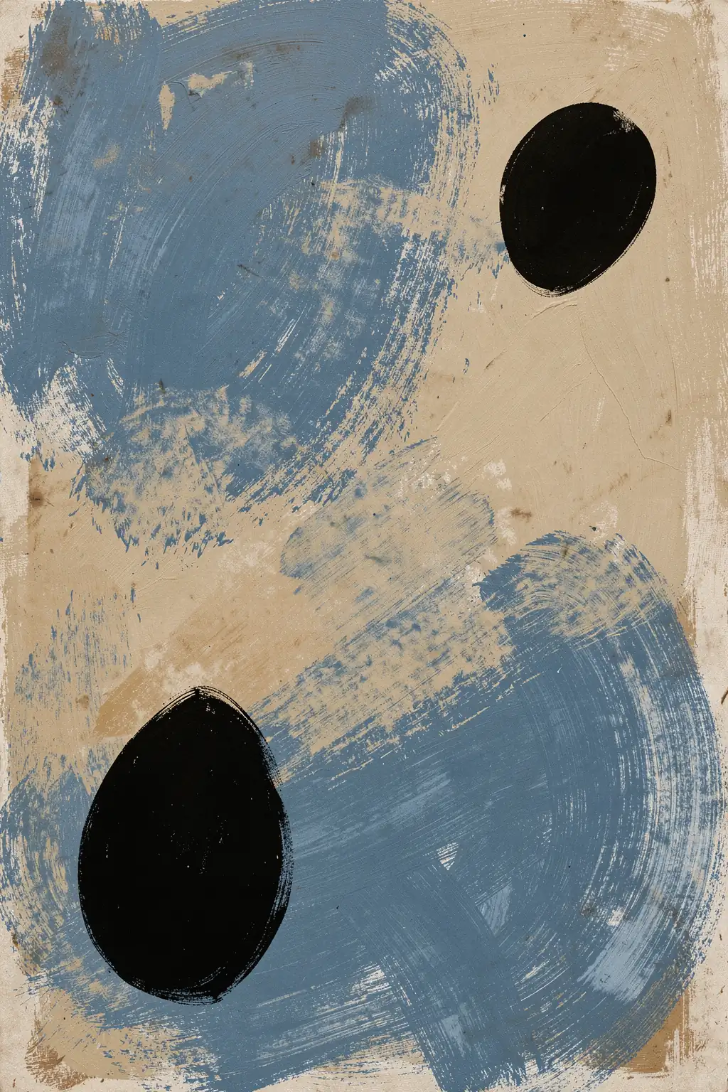 Earthy Blue Strokes. Broad blue-gray brushstrokes and two black oval marks sweep across a textured beige ground.