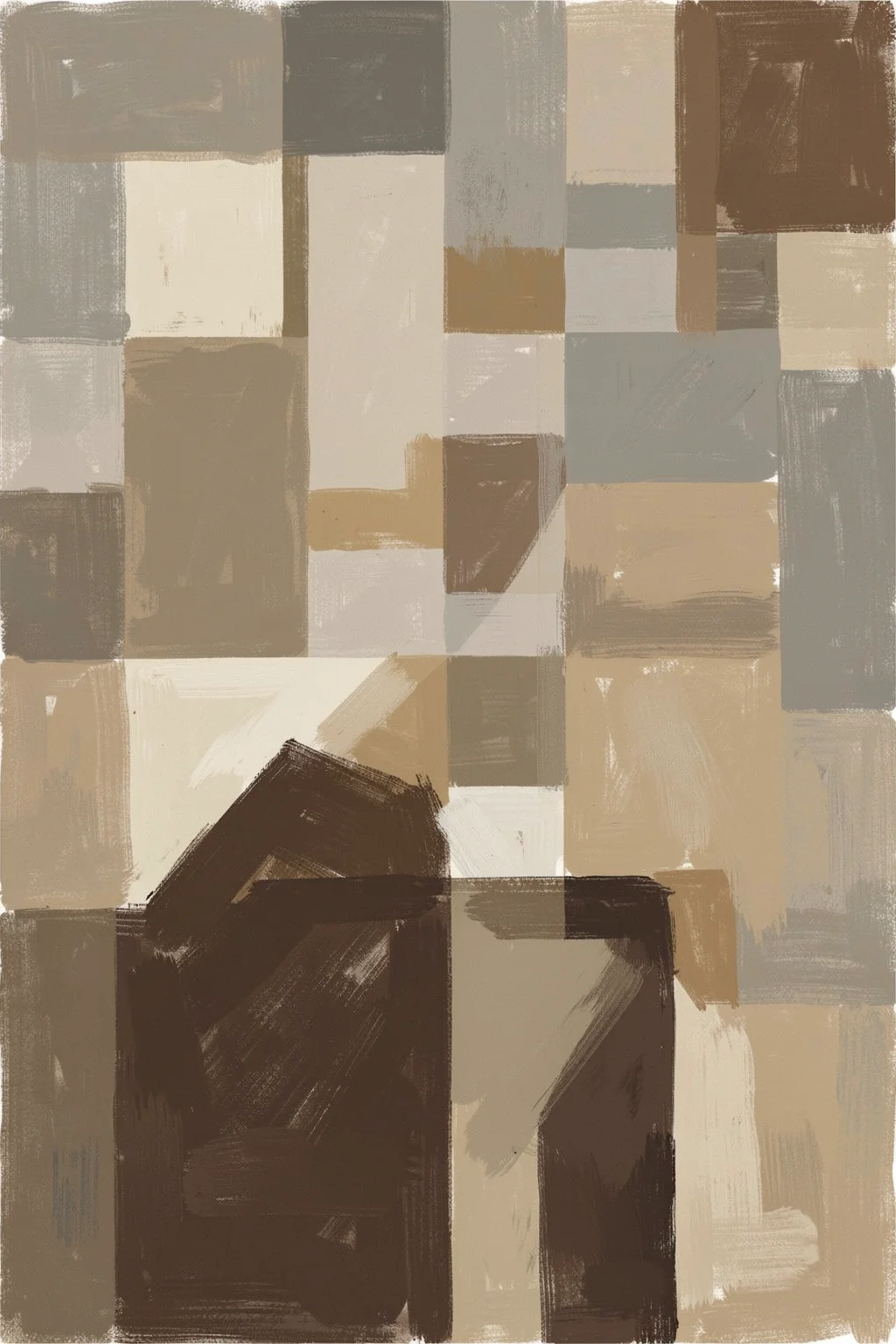 Geometric Patchwork Abstract. Roughly painted rectangular blocks in cream, taupe, gray, and brown form a dense patchwork.