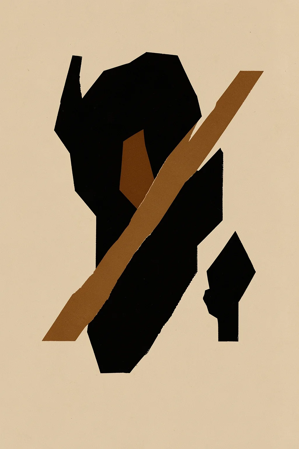 Layered Abstract Shapes. A large angular black form is crossed by a long brown diagonal band on pale tan.