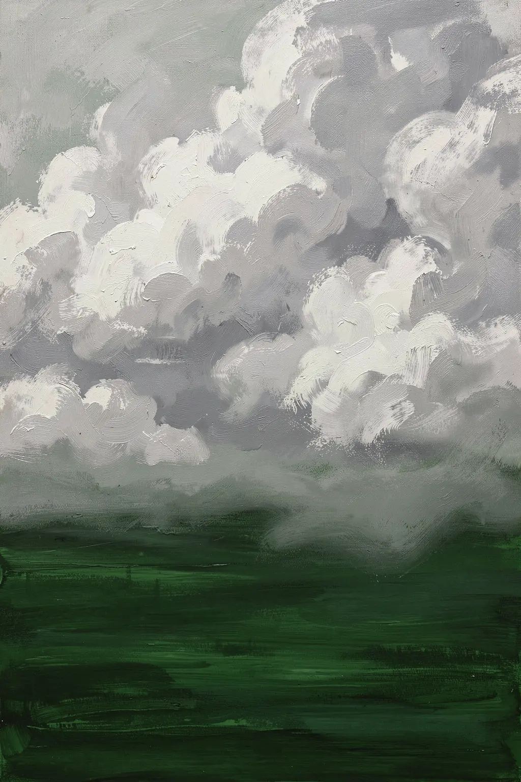 Misty Green Landscape. Heavy gray-white clouds hang above a dark green landscape in a textured painting.
