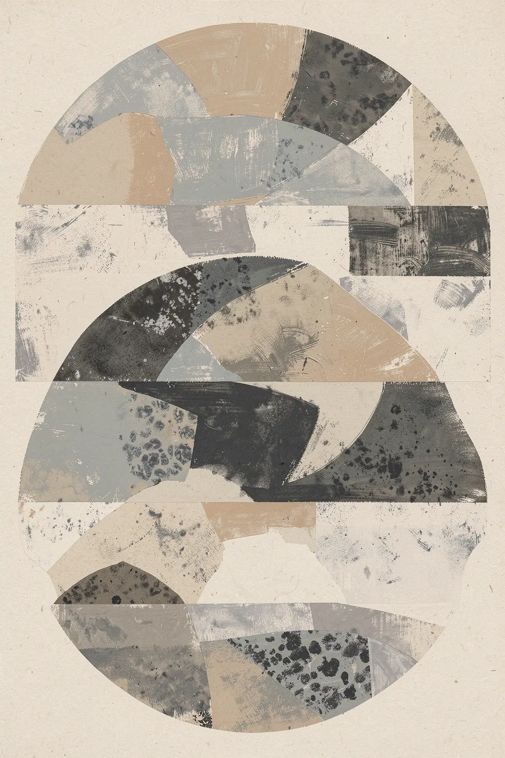 Modern Abstract Bowls. Layered circular bands and arcs in charcoal, gray, tan, and cream form a textured abstract composition.