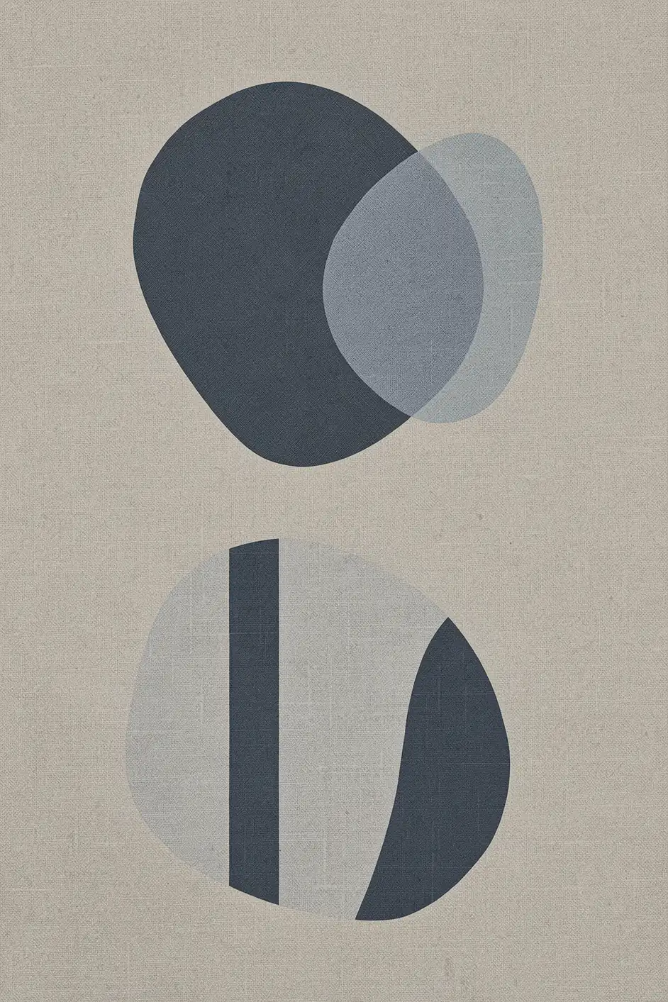 Modern Abstract Geometry. Two large circular arrangements of slate-blue and pale-gray shapes sit on textured beige.