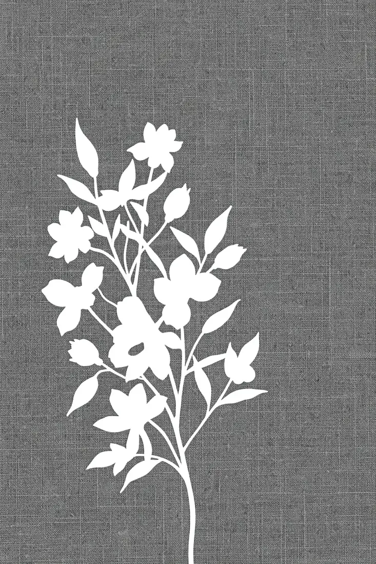 Modern Botanical Silhouettes. A white flowering branch silhouette with narrow leaves rises against a dark gray woven-looking background.