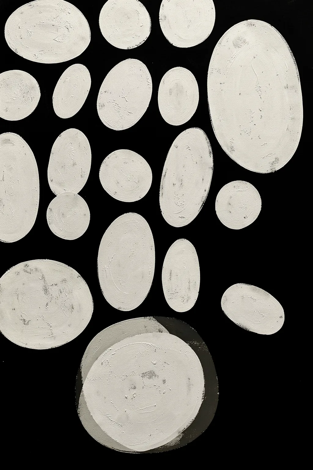 Monochrome Ovals Pattern. Irregular white painted ovals of varied sizes are scattered across a black background.