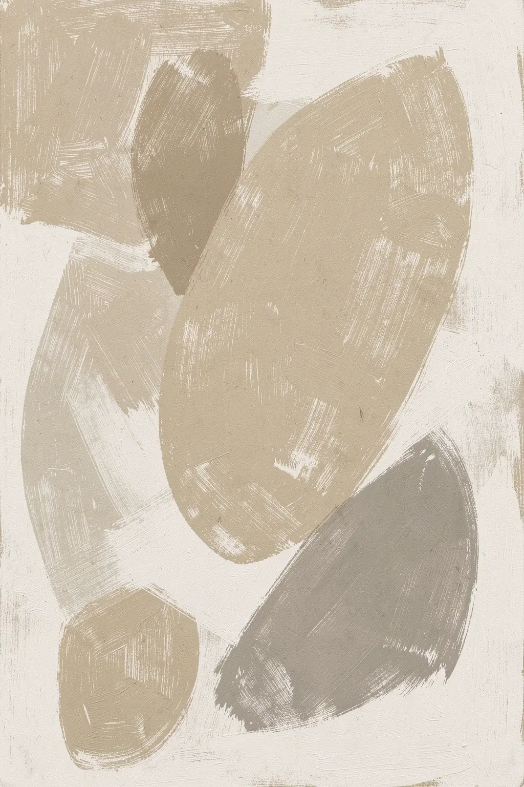 Muted Organic Abstract Shapes. Broad muted taupe and gray brush forms overlap across a warm off-white surface.