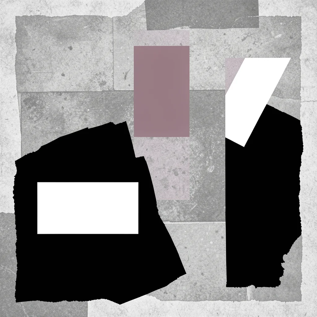 Muted Pink Geometry. Dusty pink, gray, black, and white paper-like rectangles and angular shapes layer over a mottled ground.