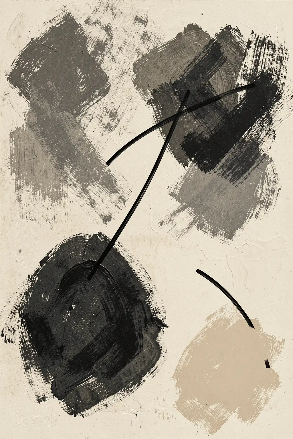 Organic Abstract Shapes. Black and gray rough brush forms and thin curved lines overlap on a warm ivory background.
