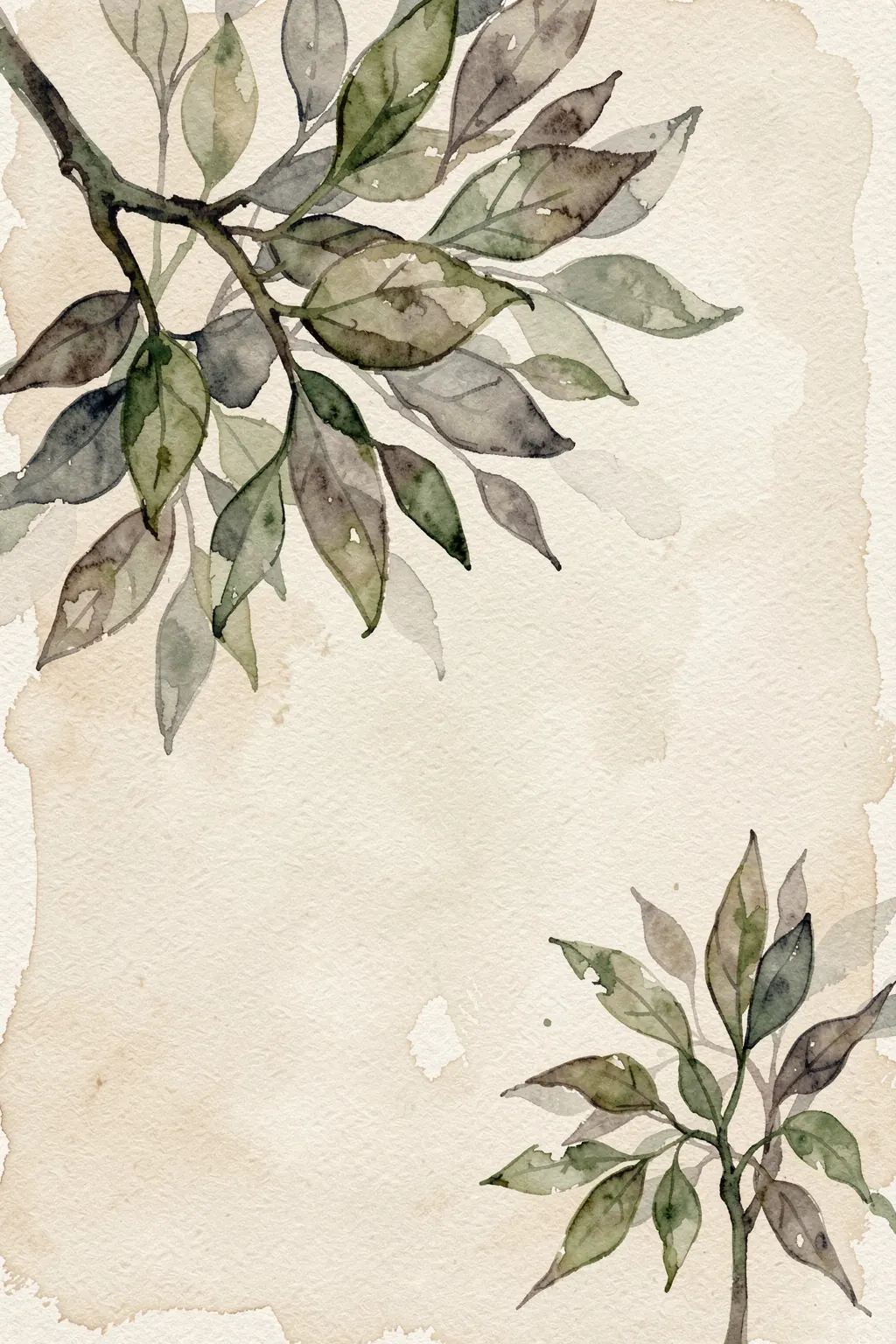 Soft Botanical Leaves. Watercolor branches with muted green and gray leaves enter from the upper left and lower right on textured cream.