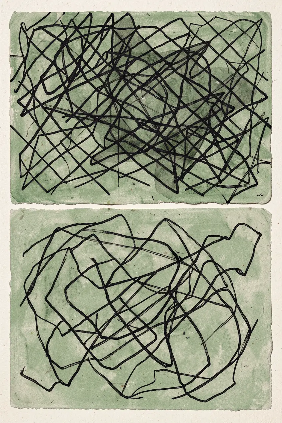Soft Organic Abstract Flow. Two sage-green panels are covered with dense, tangled black linework on a pale paper ground.
