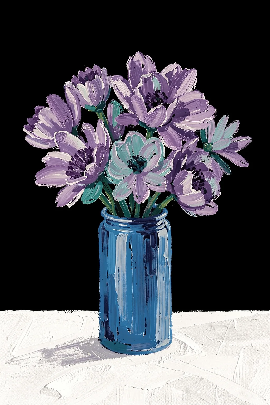 Vibrant Floral Still Life. A loose bouquet of purple and pale teal flowers sits in a blue vase on a white surface against black.