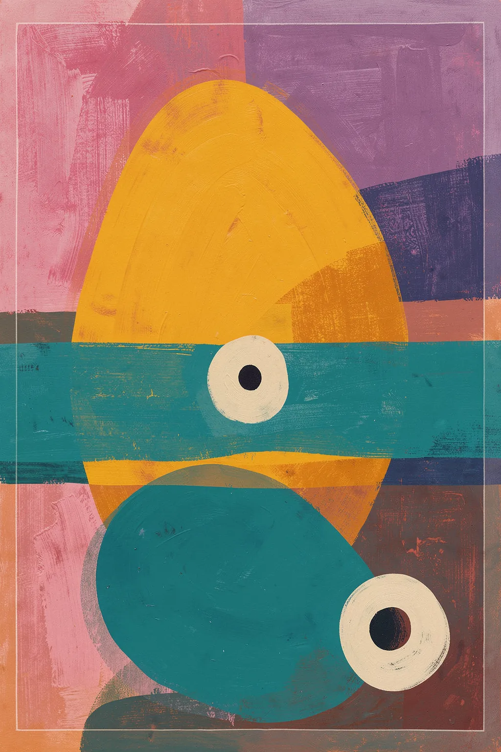 Vibrant Layered Shapes. Textured coral, plum, teal, and ochre blocks overlap around two pale circular forms.
