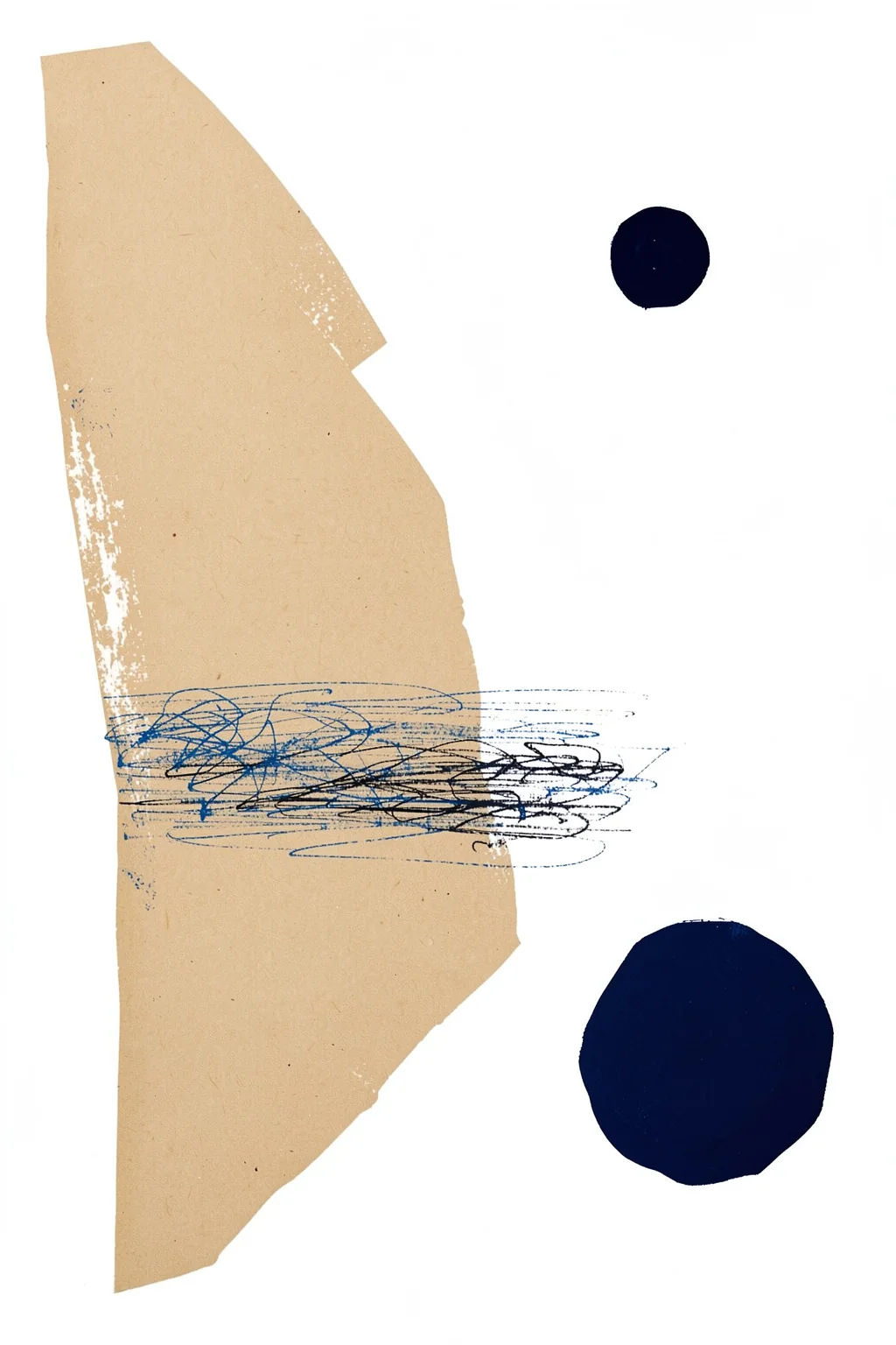 Abstract Minimalist Artwork. A broad tan shape, two dark navy circles, and loose blue-black scribbles are arranged on white.