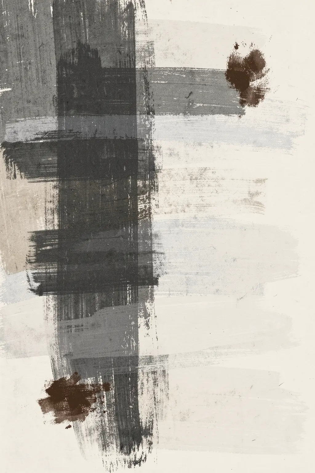 Abstract Painting With Layered Brushstrokes. Layered charcoal, gray, and off-white brushstrokes cross a textured pale ground with small brown marks.