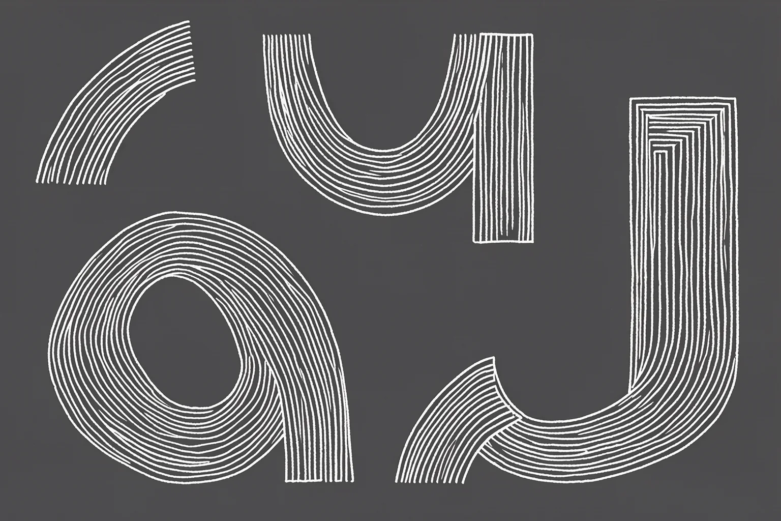 Curved Pathways. Parallel white lines bend into looping and angular paths across a charcoal-gray field.