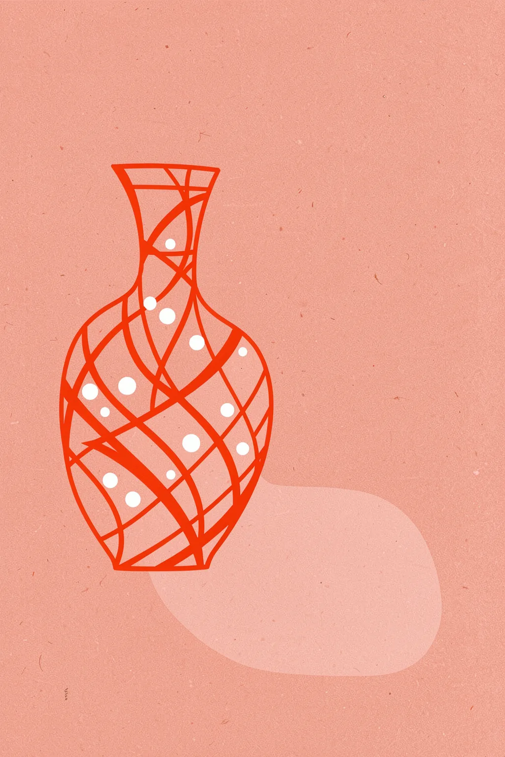 Vase 4. A red-orange line drawing of a patterned vase with white dots sits on a textured peach field.