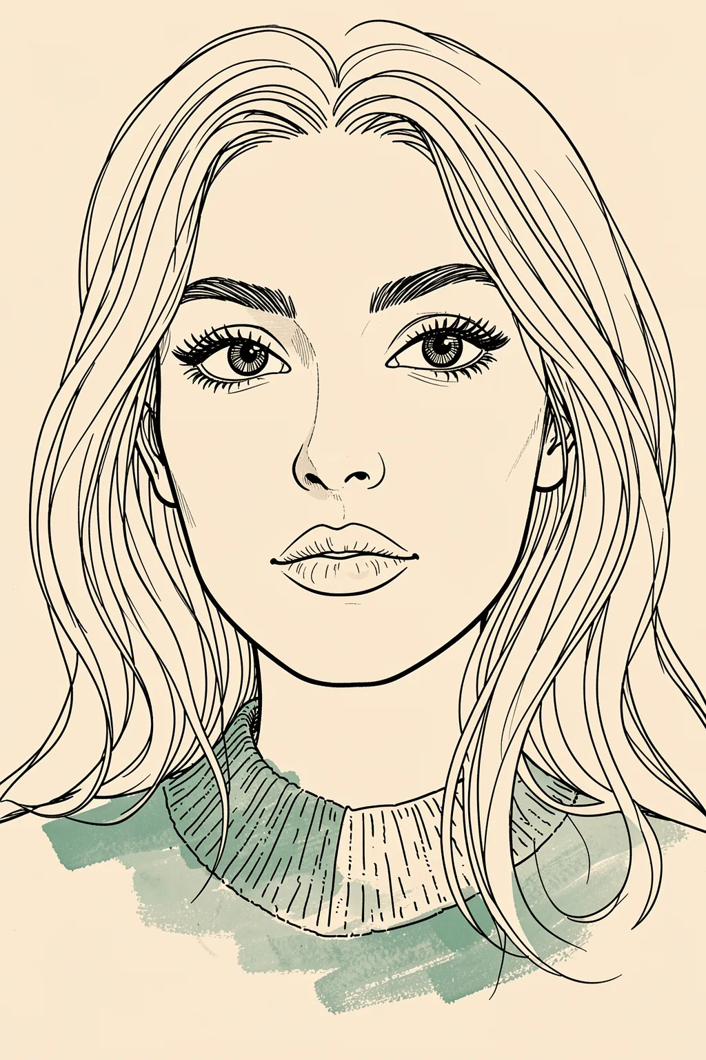 Serene Woman Line Art. A fine black line drawing shows a woman with long hair wearing a muted green high-neck top.