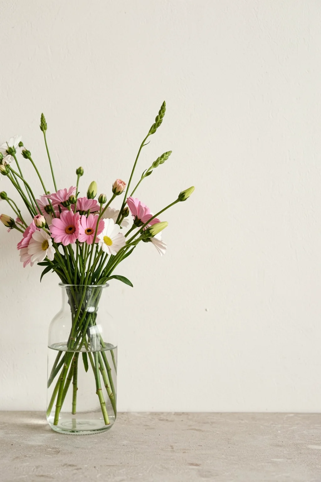 Still Life 02. Pink and white flowers with green stems sit in a clear glass vase on a pale textured tabletop.