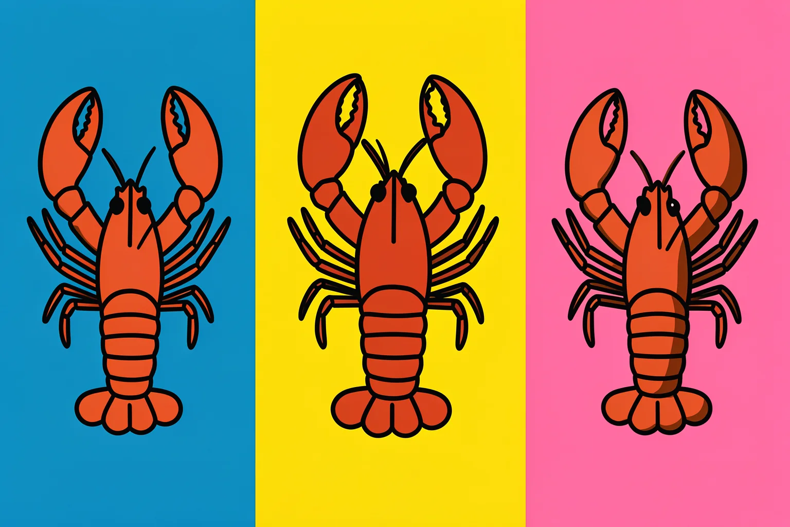 Colorful Pop Lobsters. Three orange lobsters with black outlines appear on separate blue, yellow, and pink panels.