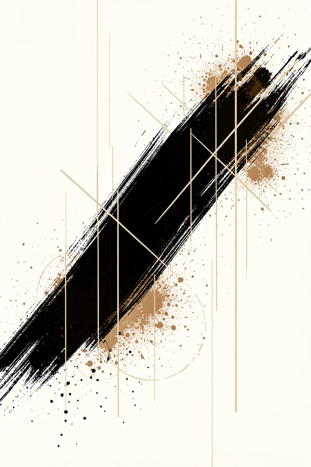 Dark Brushstroke Abstract. A bold black diagonal brushstroke crosses an ivory field with scattered tan speckles and fine lines.