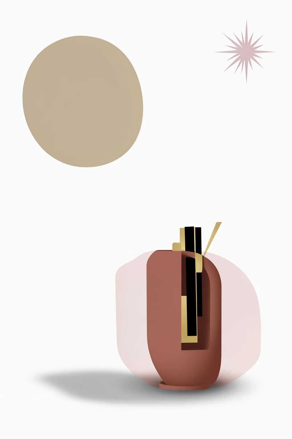 Plant Cutting. A sculptural terracotta-colored vessel with upright black and gold stems sits beneath a pale pink starburst on white.