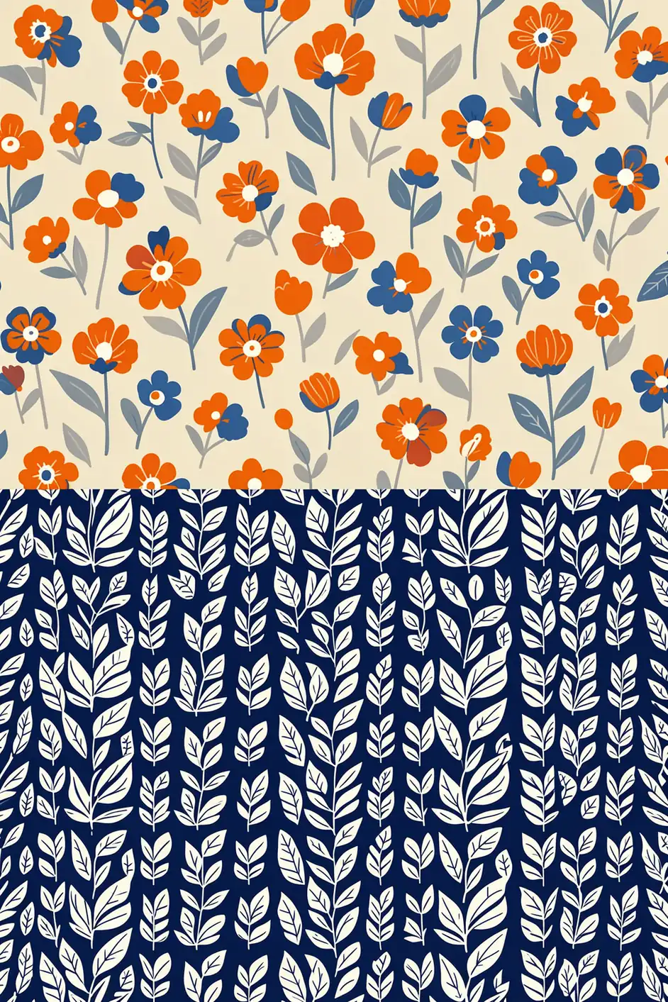 Museum of Fine Arts Stockholm. Orange and blue flowers repeat above a dense navy-and-white botanical leaf pattern.