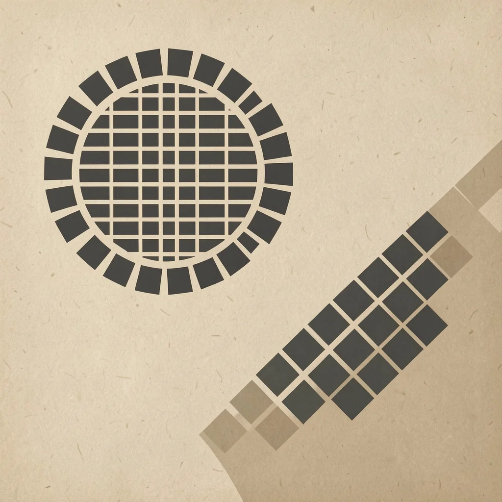 Geometric Harmony. Charcoal geometric grids form a circle and a diagonal chain of squares on textured beige.