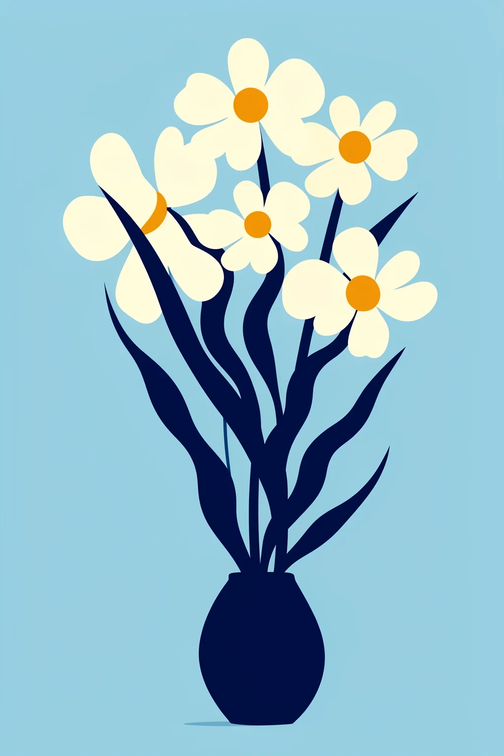 Blue Floral Vase. Cream daisies with bright orange centres rise from a deep navy vase against a light blue background.