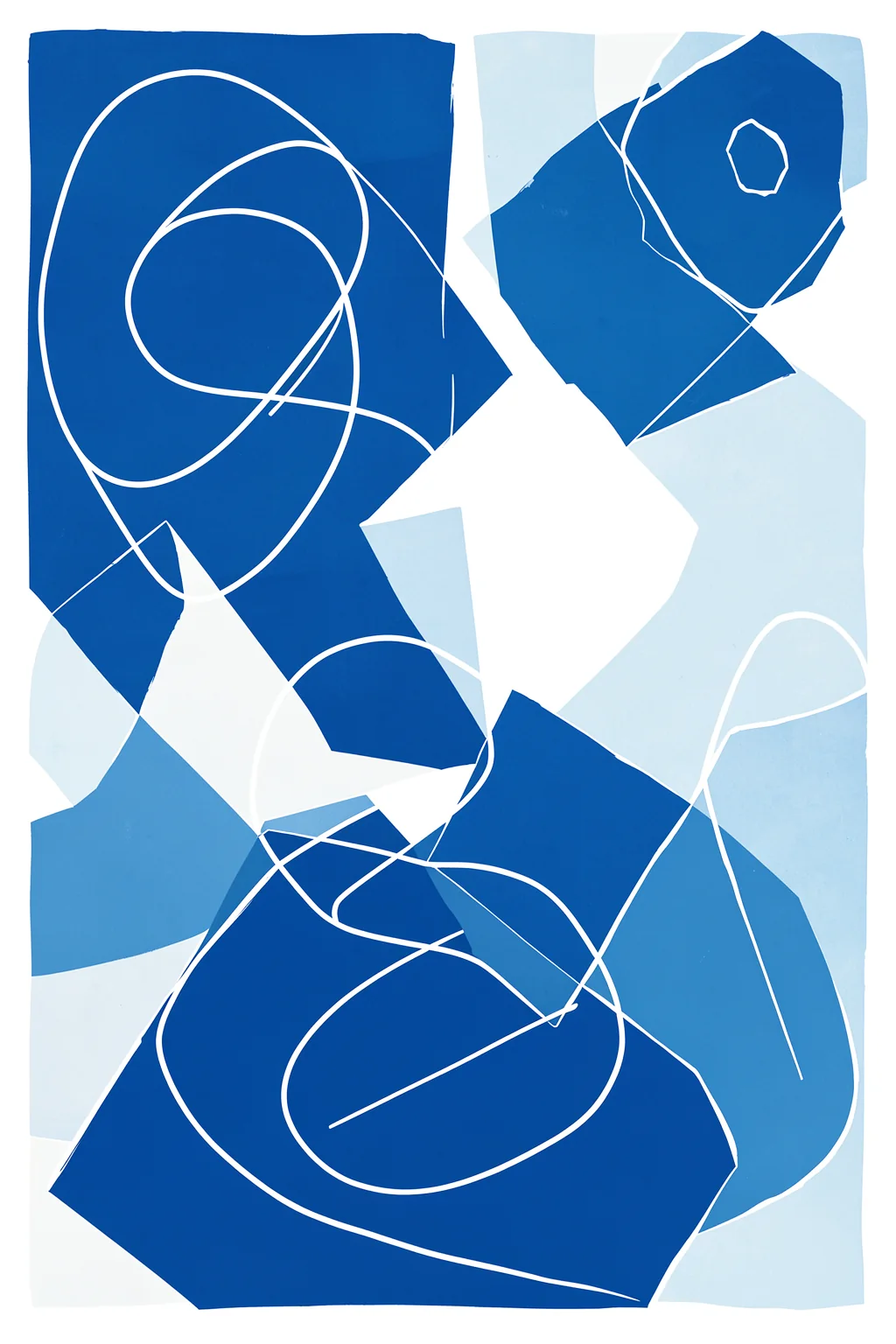 Abstract Blue Flow. Irregular cobalt and sky-blue shapes overlap beneath loose white looping lines in this abstract composition.