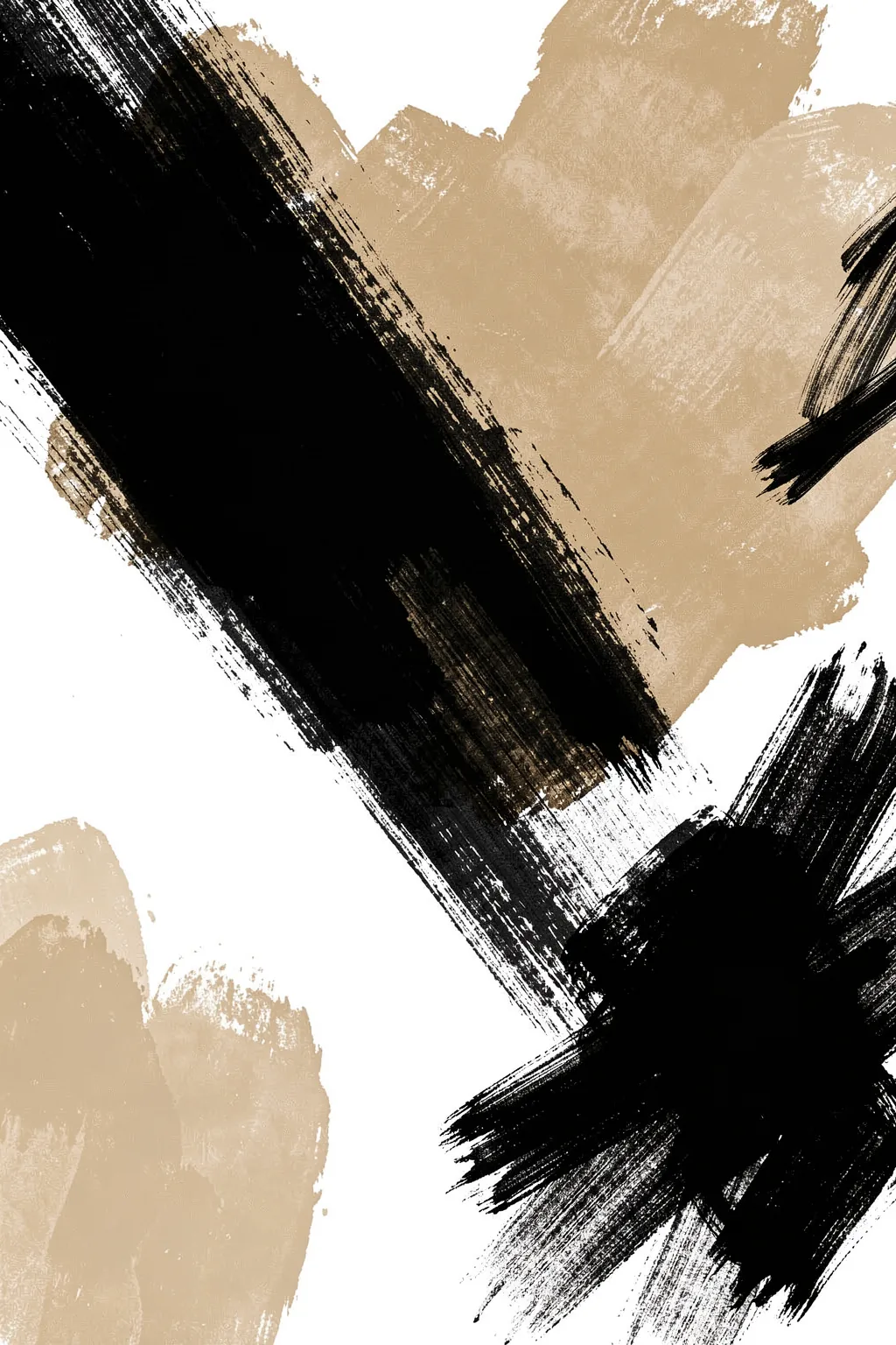 Expressive Abstract Strokes. Broad black and warm beige brushstrokes cross diagonally over a white ground in a gestural abstract study.