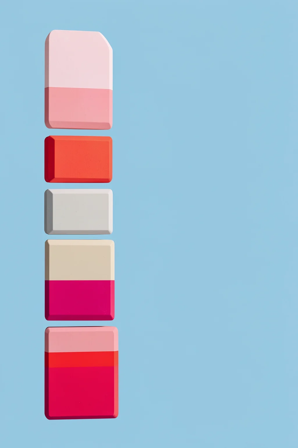 Retro Eraser Collection. Five pastel and brightly coloured rectangular erasers are stacked vertically against a blue background.