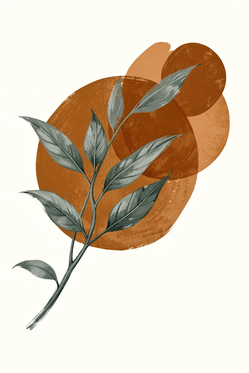 Leaf and Sun. A grey-green leafy branch crosses layered rust and ochre circles on a warm off-white ground.