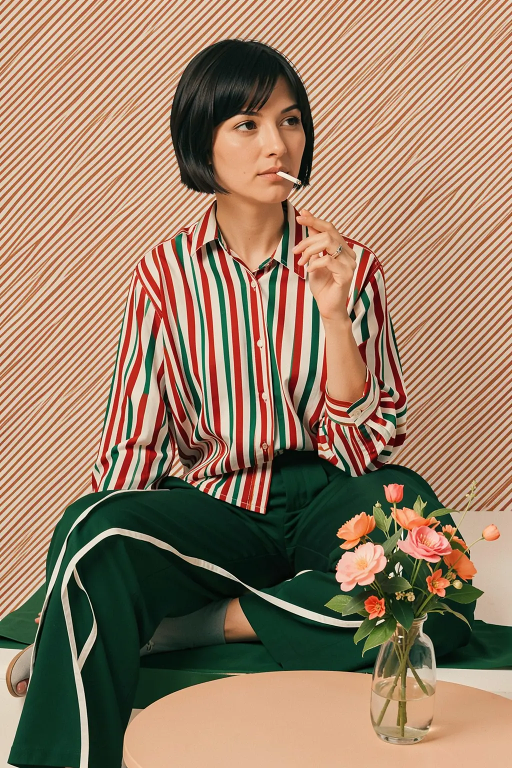 Woman in Stripes Shirt and Green Pants. A seated woman in a red, green and cream striped shirt and dark green trousers is shown beside a small vase of flowers.