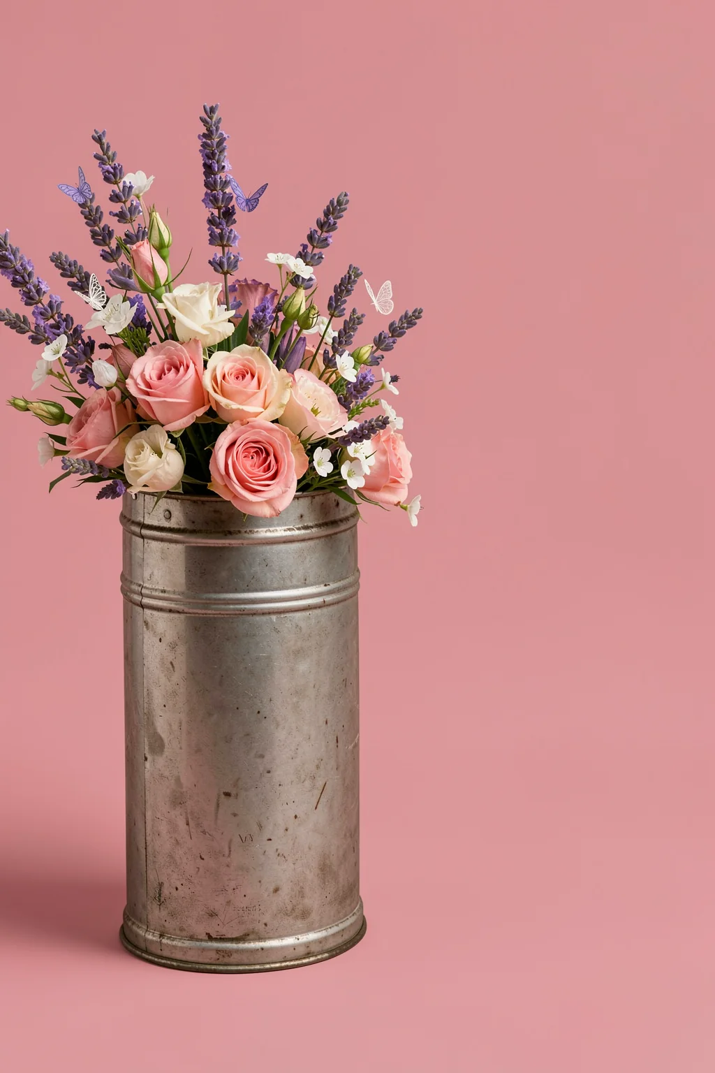 Flowers In a vintage Can. Pink and ivory roses, white blossoms and lavender stems form a bouquet in a tall weathered metal can against a rose-pink background.