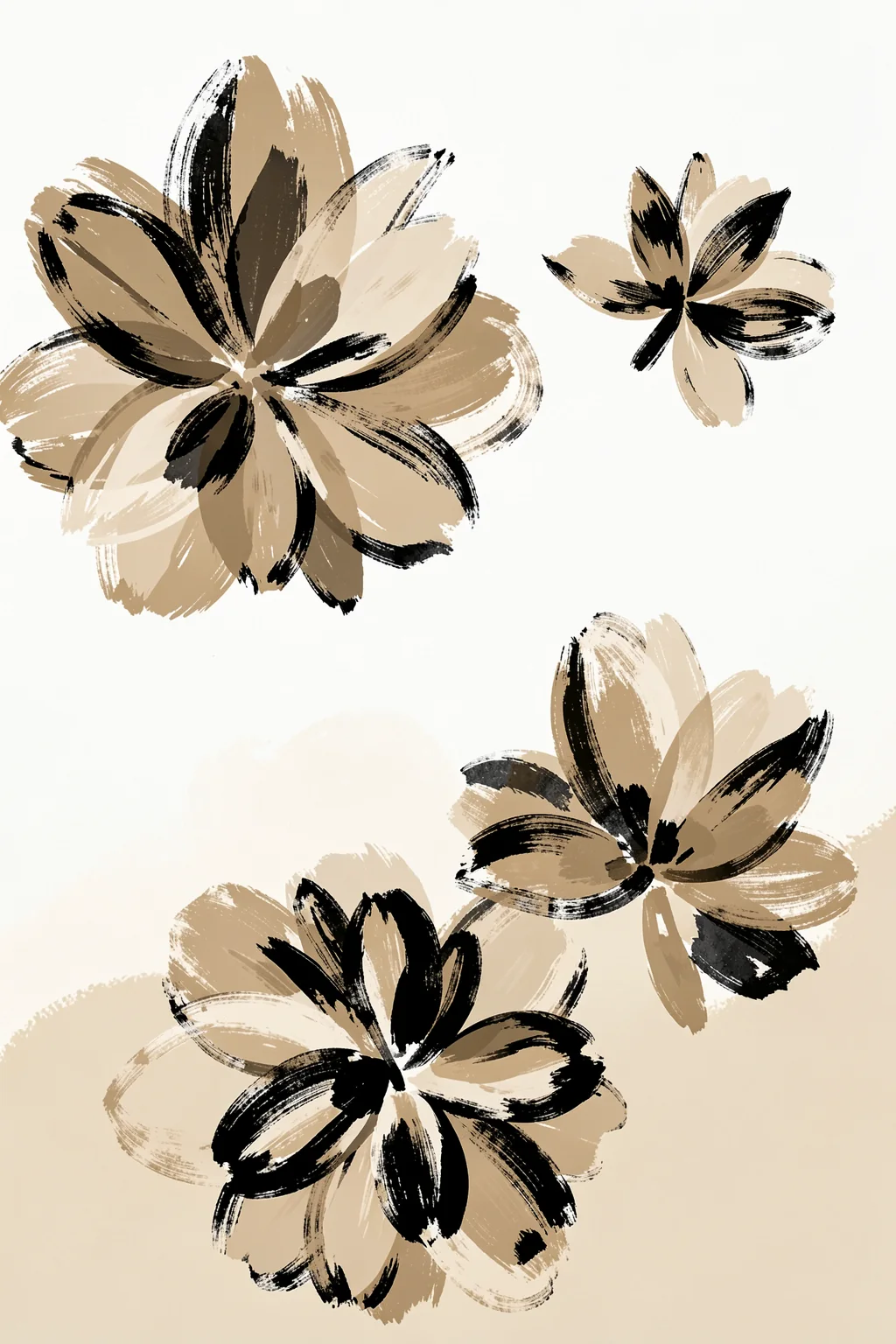 Summer View. Loose black, cream and tan brushstrokes form three large flower-like shapes on an off-white ground.
