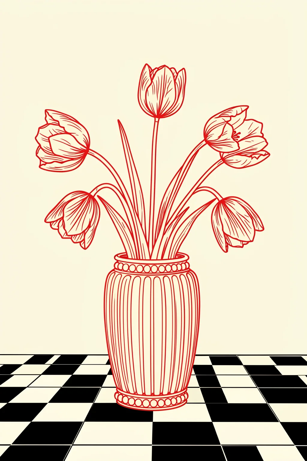 Drooping Tulips Still Life. A red line drawing of upright and drooping tulips in an ornate vase stands on a black-and-cream checkerboard floor.
